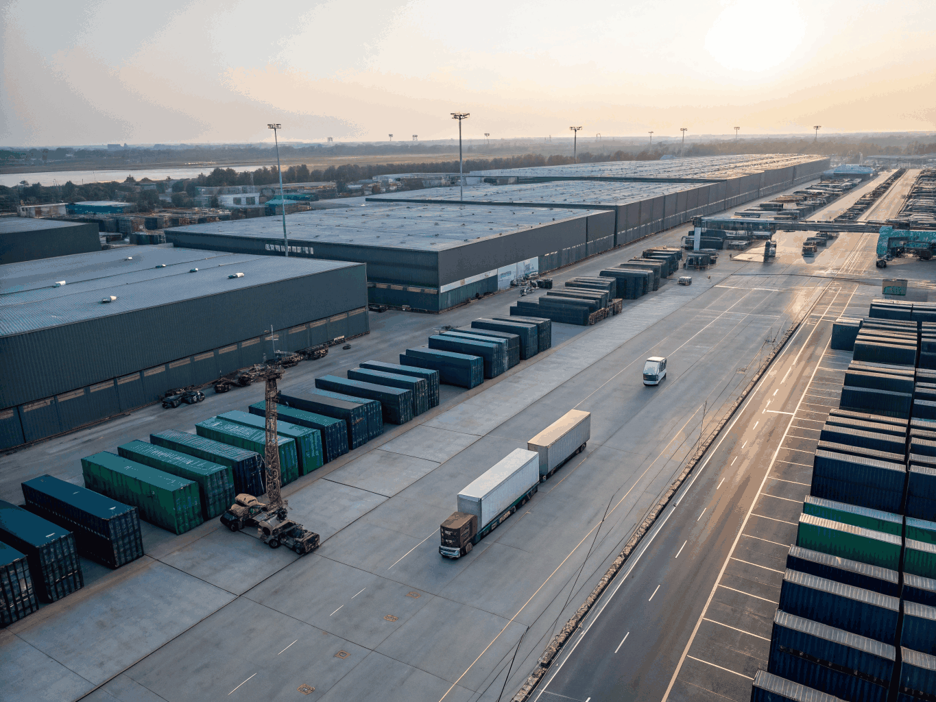 Aerial view of a global automotive logistics and distribution hub