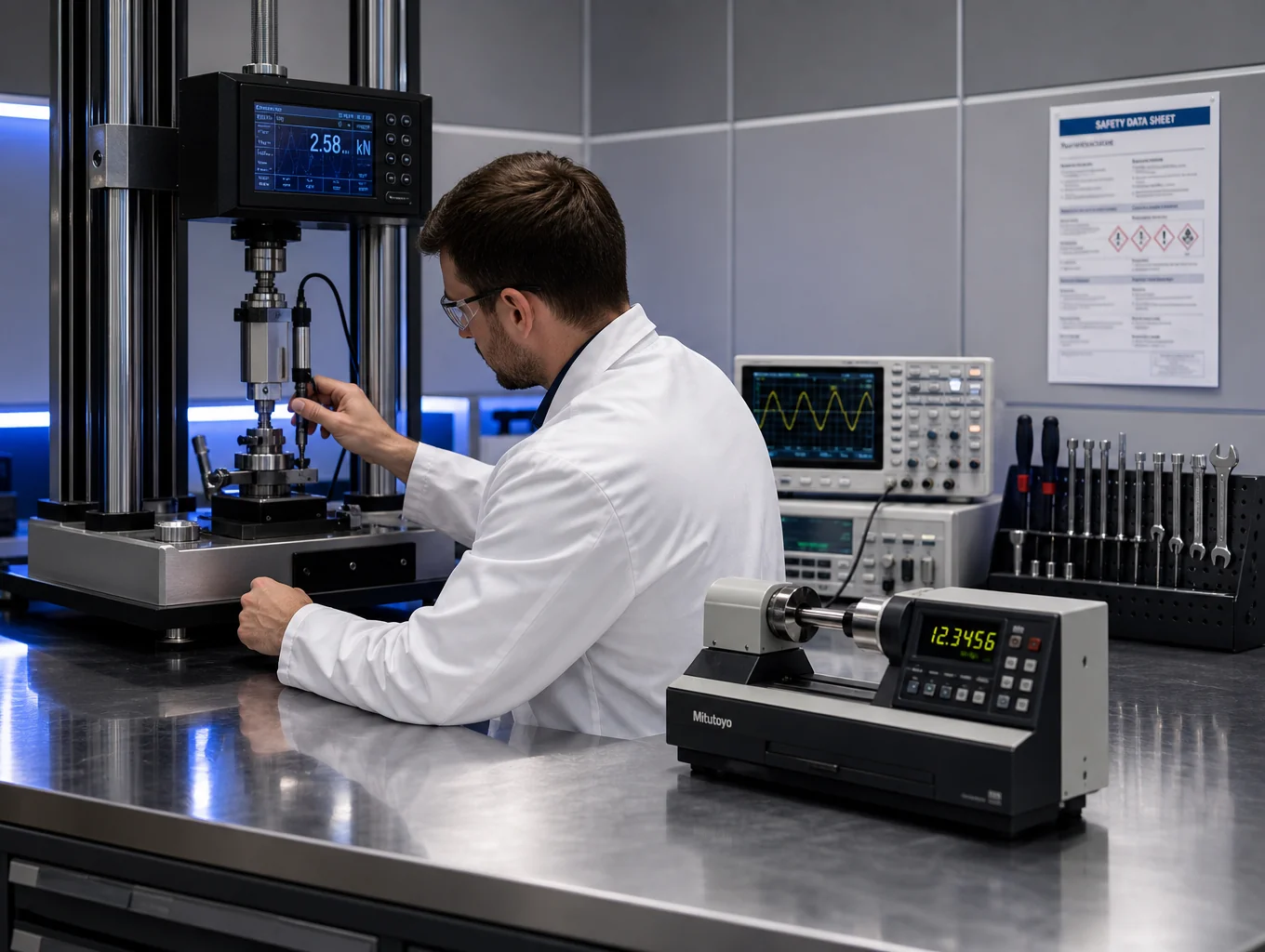 High-precision automotive diagnostics equipment in a clean industrial lab environment