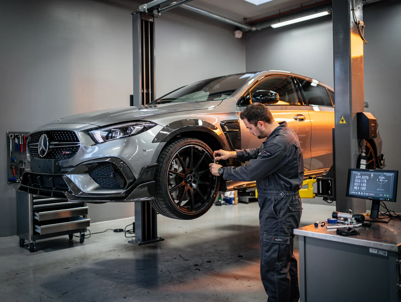 Technical team performing maintenance on a luxury vehicle